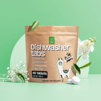 A package of Green Llama Dishwasher Tablets with 40 tablets, emphasizing the plastic-free and eco-friendly aspects of the product.