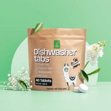 A package of Green Llama Dishwasher Tablets with 40 tablets, emphasizing the plastic-free and eco-friendly aspects of the product.