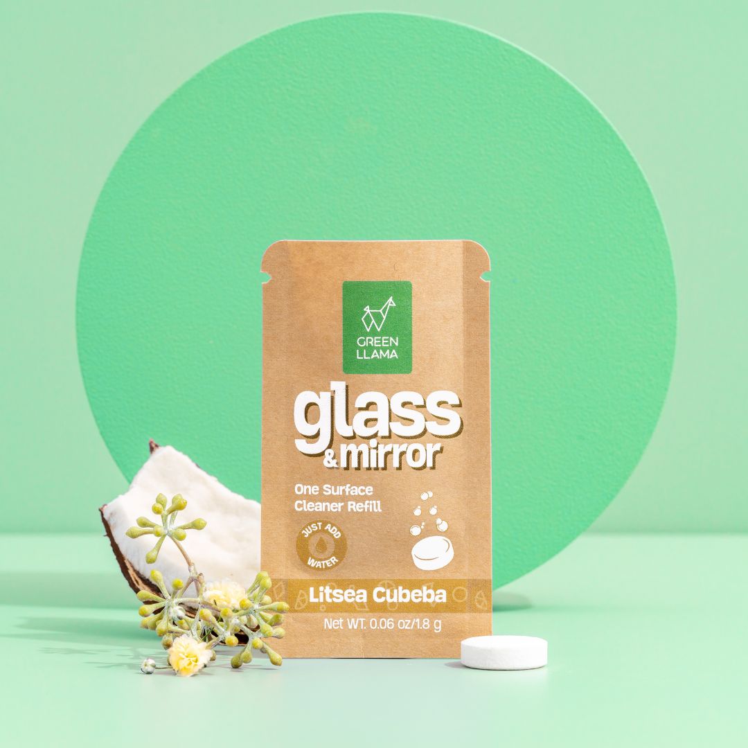 Green Llama - Streak-Free Glass & Mirror Cleaner Kit with Litsea Cubeba Essence - Refillable & Eco-Friendly