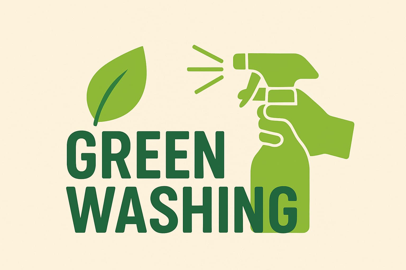 Minimalist blog header illustration with the word 'GREENWASHING' in bold green letters on a cream background, accompanied by a green leaf on the left and a stylized green hand holding a spray bottle on the right.