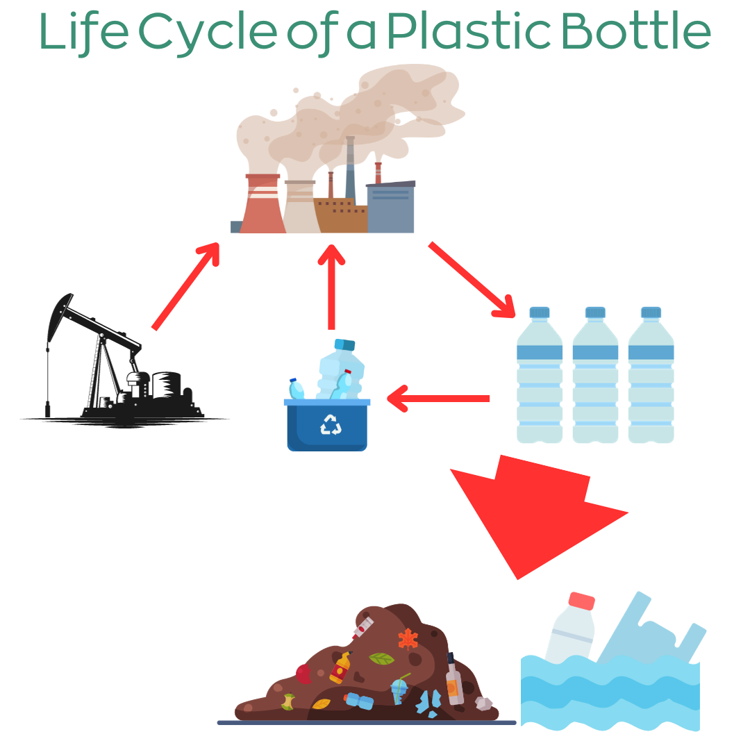 Life Cycle of a Plastic Bottle: The majority of plastic ends up in a landfill or the ocean