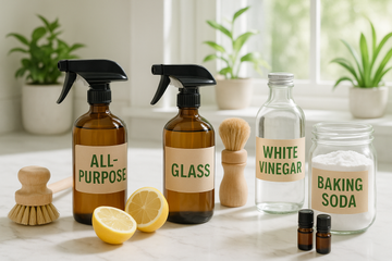 Refillable Green Llama home cleaning kit arranged for kitchen and bathroom use