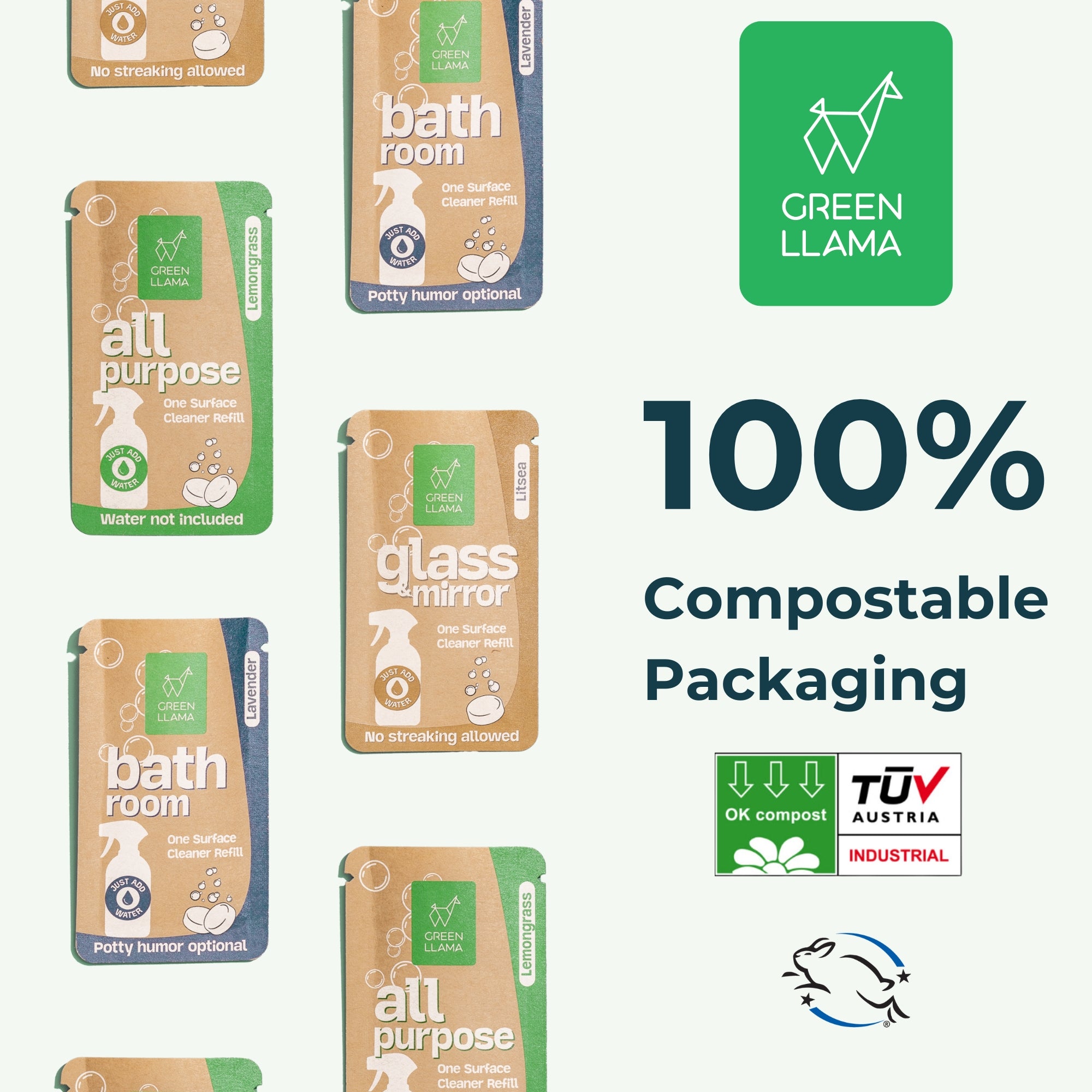 Six Green Llama cleaning refill pouches, including fragrance-free all-purpose and concentrated tablets for bathroom and glass + mirror, in 100% compostable packaging with eco-certification logos on a light background.