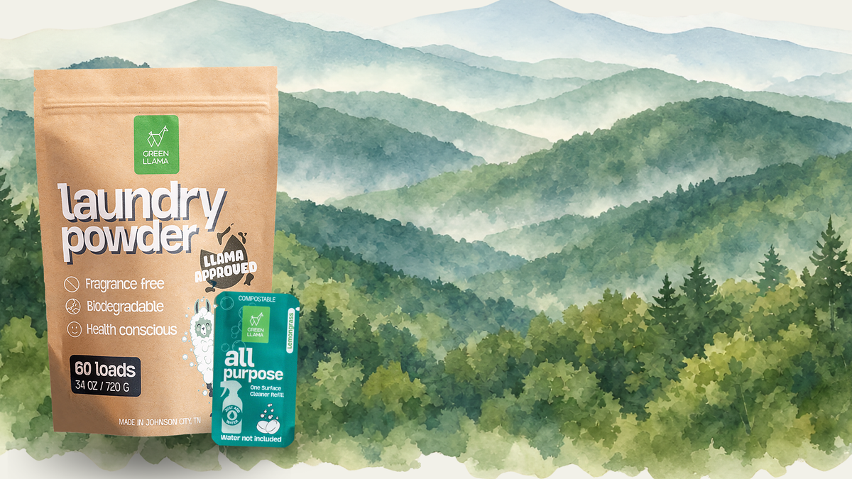 A kraft paper bag of laundry powder and a small teal sachet are shown in front of a watercolor mountain landscape. The bag reads 'laundry powder' and 'Llama Logos'; the sachet reads 'all purpose' and appears branded Llama Logos.1621243260e1af0c20-0