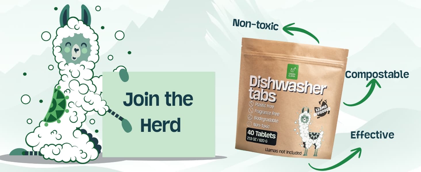 A cartoon llama stands by a sign that reads Join the Herd next to a package of dishwasher tabs. Arrows highlight the product’s benefits: compostable, non-toxic, and effective. The package shows 40 tablets and says Llamas not included.1621243260e1af0c20-0