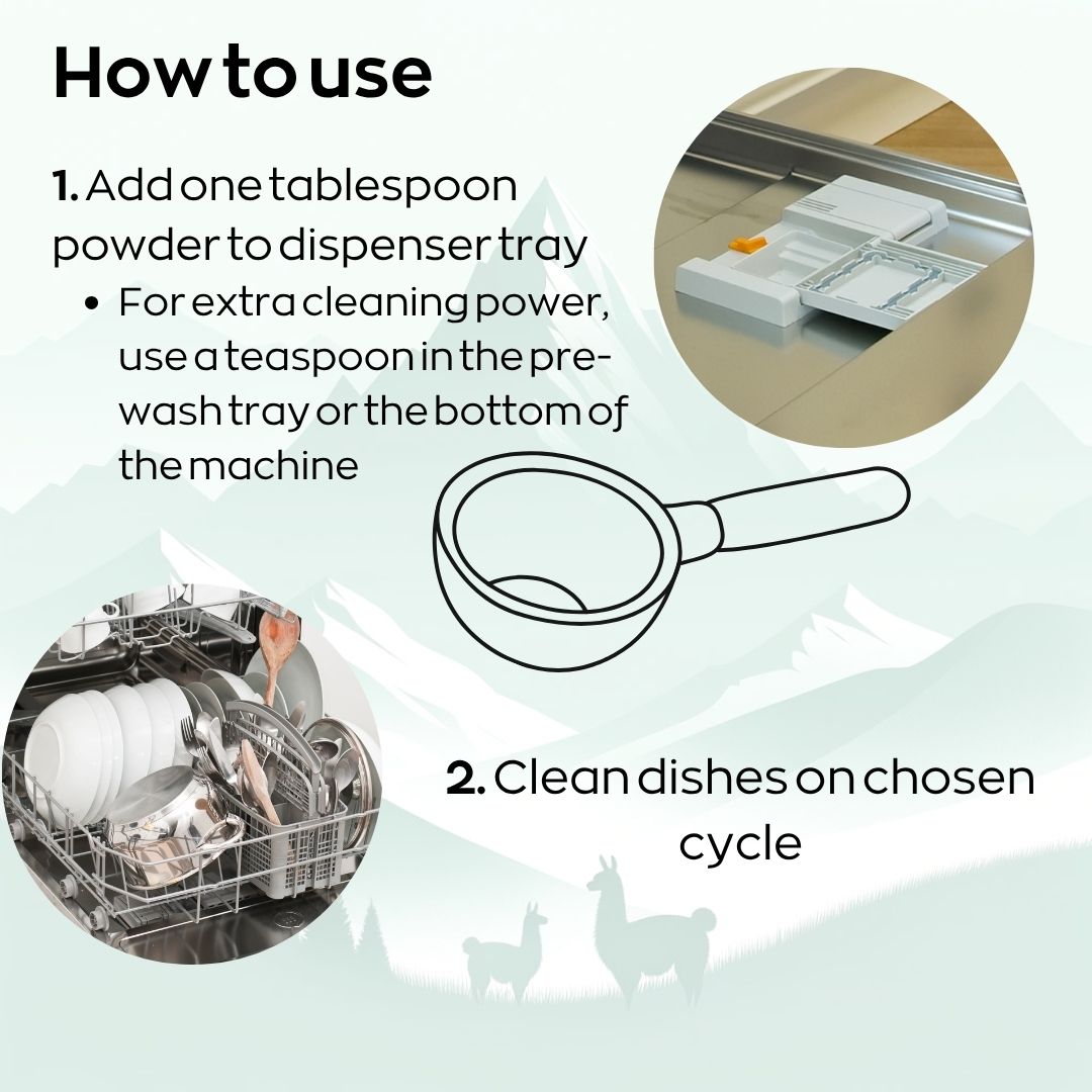 Instruction graphic showing how to use a dishwasher cleaner powder dispenser, with text instructions, a line drawing of a tray, and two inset photos demonstrating the product in use.