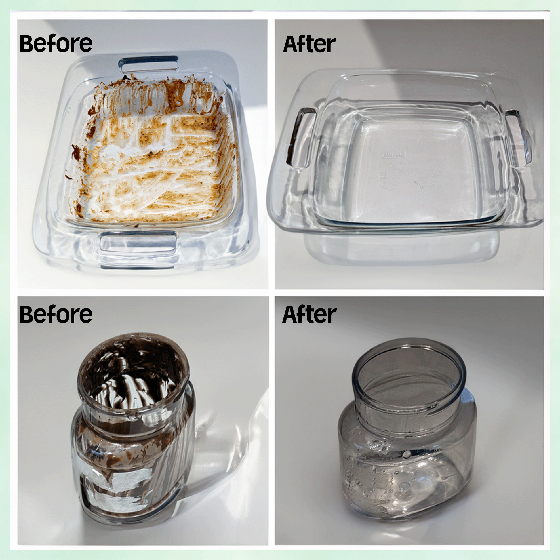 Before and after cleaning images of a glass dish and jar.