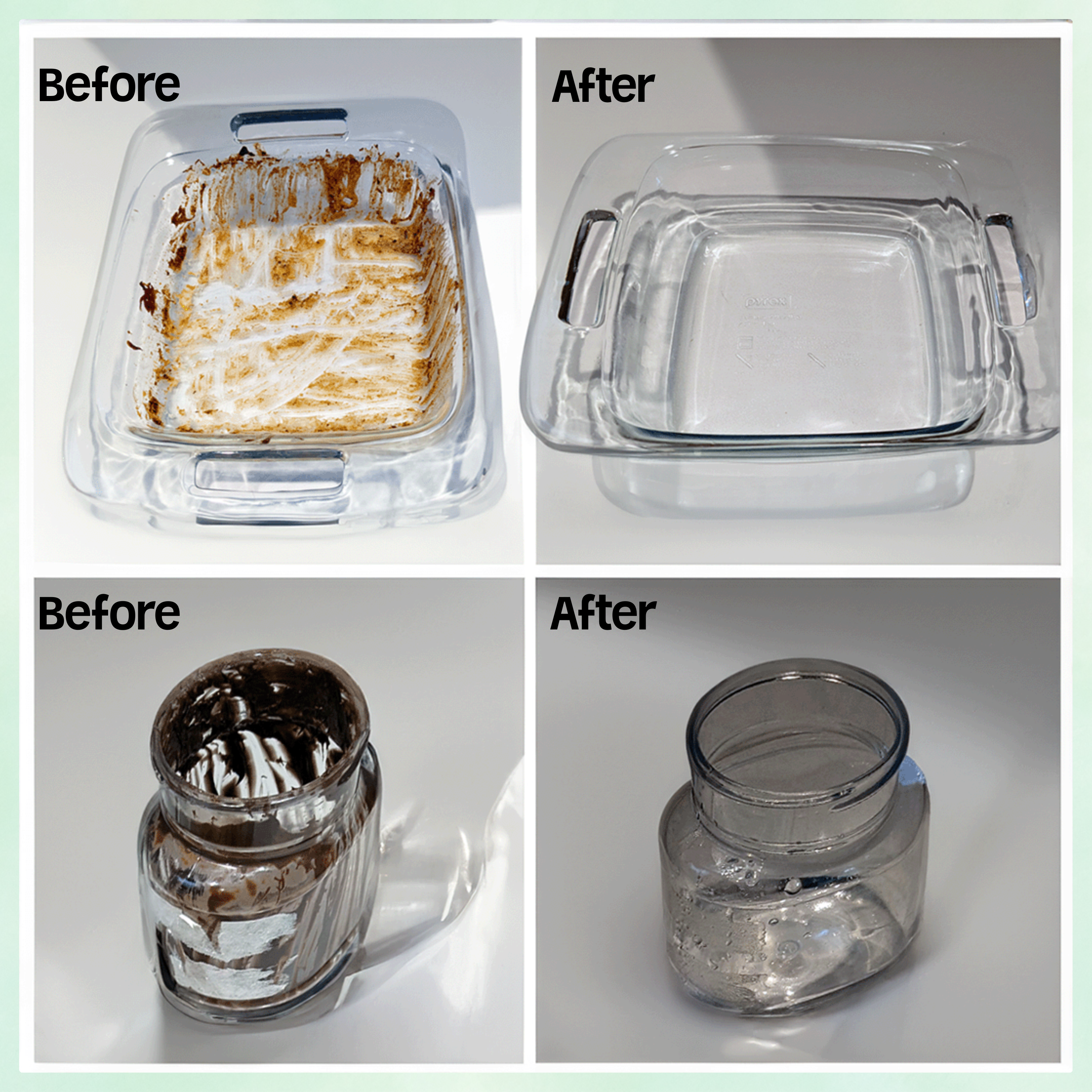 A collage features two glass dishes and two jars—each shown Before with baked-on residue and After sparkling clean—thanks to Green Llama’s EWG Verified™ & PVA-Free Dishwasher Tabs. The top row is a square dish; the bottom, a round jar.