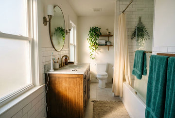 A bright, modern bathroom with a wooden vanity, white subway tile walls, a bathtub with a glass shower door, and teal towels hanging on the rack. A large round mirror, a window, and a woven rug complete the space.