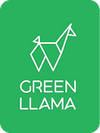 A green rectangular logo with a white, minimalist origami-style llama above the words GREEN LLAMA in bold, white capital letters.