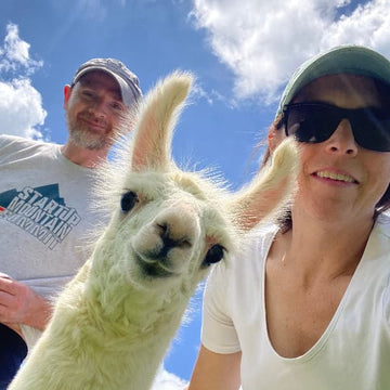 Kay and Matt with a llama against a blue sky