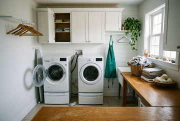 A bright, clean laundry room featuring a white front-loading washing machine and dryer side-by-side, with white cabinets, a green apron hanging on a hook, a wooden workbench, and a window on the right.