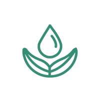 Icon of a water droplet over two leaves, symbolizing plant-based non-toxic ingredients