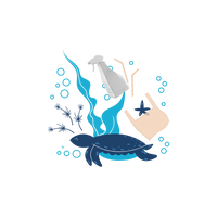 Illustration of a turtle swimming among coral and waste, highlighting plastic waste reduction