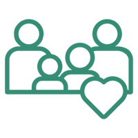Line drawing of a family with a heart symbol, conveying product safety for people and homes