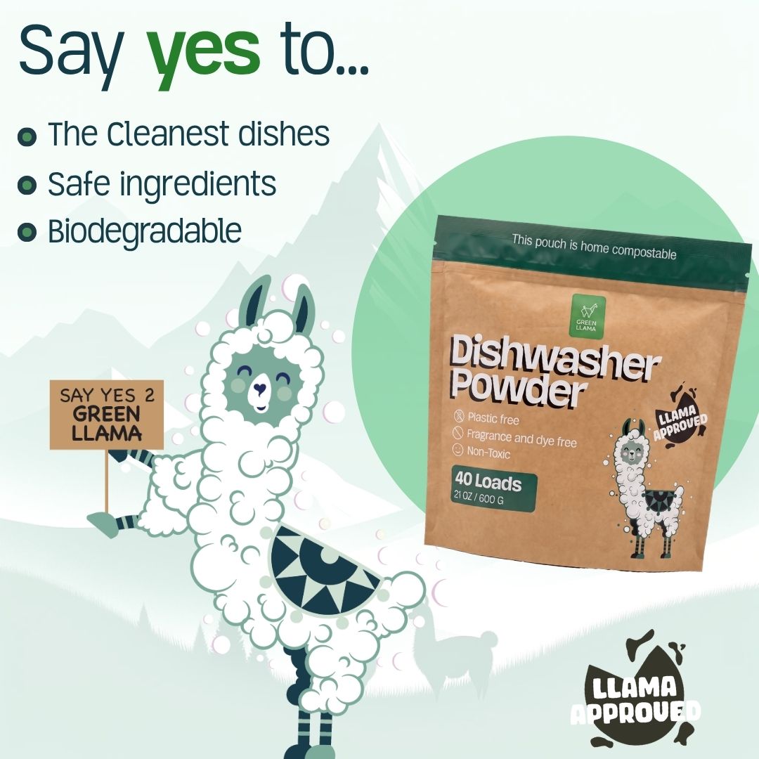 A promotional graphic for Say Yes to Green llama Dishwasher Powder, showing a kraft paper pouch of the dishwashing powder alongside marketing text and cartoon llama illustrations on a pale mint background.
