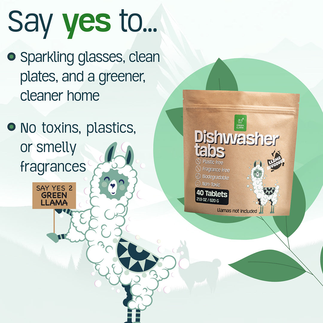 A package of Green Llama EWG Verified™ & PVA-Free Dishwasher Tabs is shown with a cartoon llama and leaves, highlighting eco-friendly, toxin-free, and plastic-free features for sparkling dishes and a greener home.