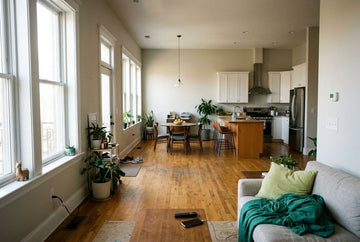 A bright, modern open-plan living and kitchen area with hardwood floors, large windows, a light gray sofa in the foreground with green and teal pillows and a throw blanket, and a dining table in the background.